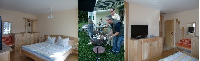 TV Ansicht, Grillen im Garten, Ausklappbett